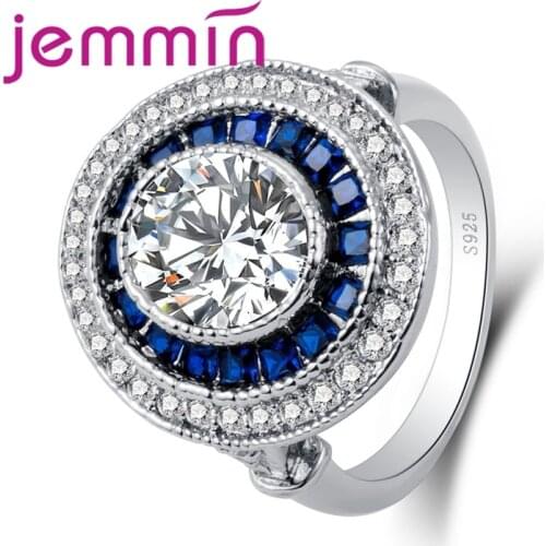 Generous Elegant Fashion Lady Full Big Blue White CZ Stone 925 Sterling Silver Roud Ring Jewelry For Women Wholesale