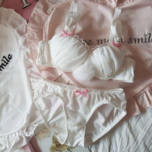 Japanese Soft sister Cute Loli Kawaii White Hair ball Rabbit ears Thin with steel ring gathered large size Bra & Panties Set