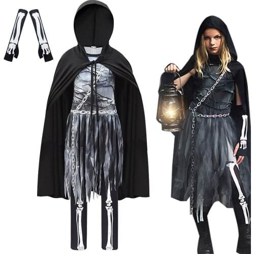 Girls Cosplay Steampunk Plague Doctor Cosplay Latex Skull Cosplay Dress Cloak Kids Halloween Party Event Ball Costume Props