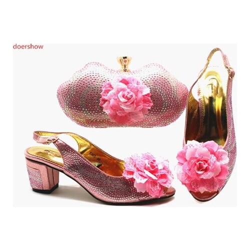 Doershow beautiful pink Italian Shoes With Matching Bags African Women Shoes and Bags Set For Prom Party Summer Sandal!STB1-4