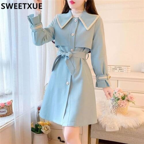 SWEETXUE Fashion Korean Style Chic Womens Coat Single-breasted Long with Belt Office Lady Windbreaker Spring Autumn Cloak