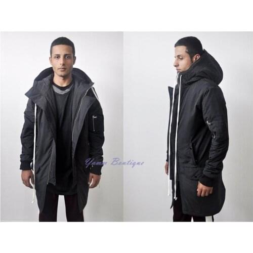 Mens Zipper Closer Hooded Long Parka Coat / Full Lenght Coated Field Jacket Coat