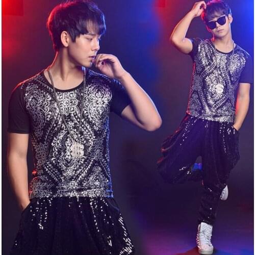 Stage 1 man t shirt men Sequins tshirt hip hop streetwear personality t-shirt men t shirts camiseta 1 shirt homme singer