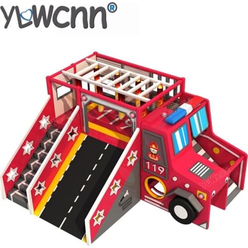 Kids soft play set children education software indoor playground combination PU wooden climbing slide cartoon fire car INA171083
