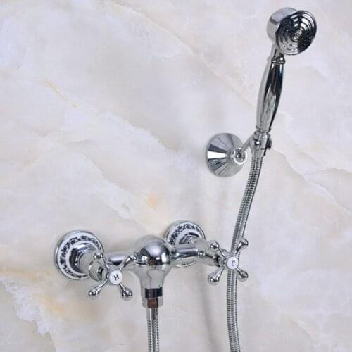 Polished Chrome Brass Bathroom Hand Held Shower Head Faucet Set Mixer Tap Dual Cross Handles mna275