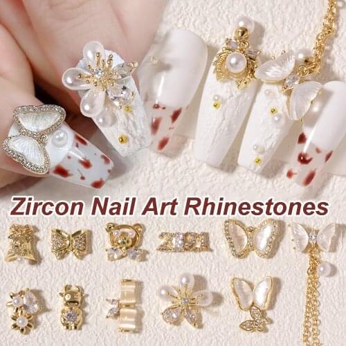 New Year Nail Chains Zircon Jewelry Imitation Pearl Nail Decor Bow Bear Pendant Manicure Drills Nail Art Decorations