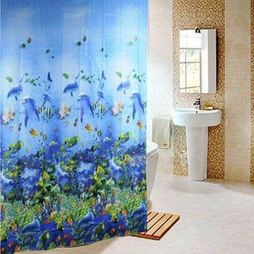 New Blue Deep Sea Fish Pattern Waterproof Shower Bathroom Curtains With 12 Hooks