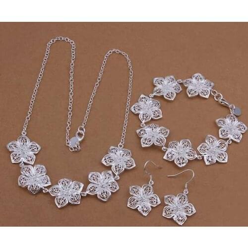 Wholesale Sterling 925 Silver Jewelry Set,925 Silver Fashion Jewelry,Flower Necklace+Bracelet+Earring Set SMTS450