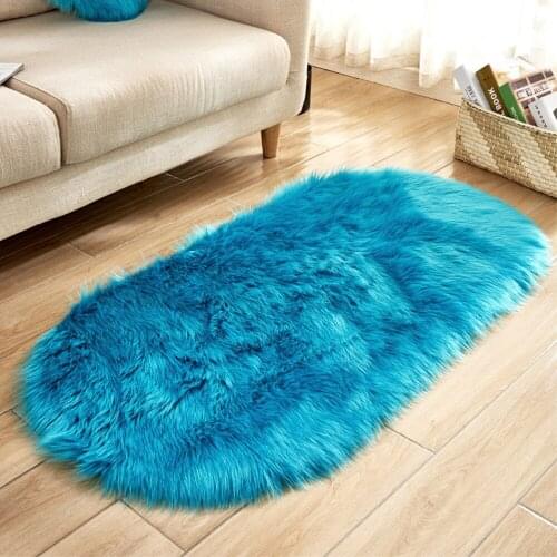 RAYUAN Blue Artificial Wool Oval Carpet Sheepskin Hairy Floor Mat Seat Pad Fur Plain Fluffy Warm Soft Area Rug Tapete 4 Size