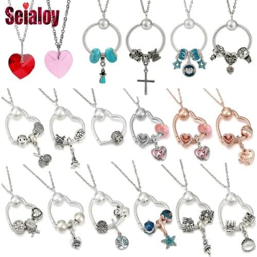 Seialoy Fashion Silver Color Boys Girls Beads Red Heart Pendant Necklace For Women Heart Charm Necklace Couples Girlfriend Gift