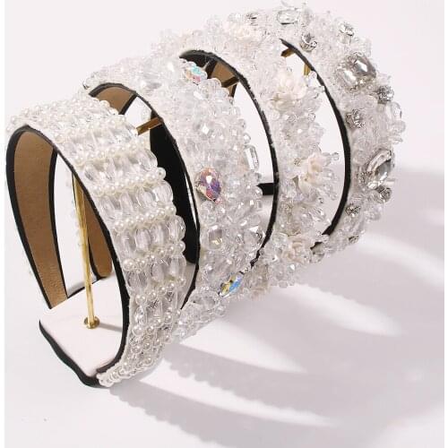 White Crystal Headband for Lady Rhinestone Hair Band Imitation Pearl Wide Hair Hoop Bridal Party Wedding Female Hair Accessory