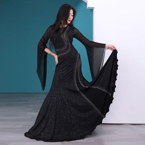 Flared Sleeves Kawleeya Style Sexy Sequins Long Maxi Dress Belly Dance Saidi Beledi Iraq Khaleeji Thobe Dress Mermaid Hem Dress