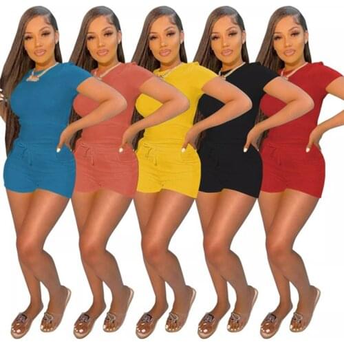 S-2XL two piece set women summer 2021 casual simple solid color short sleeve top and shorts with pocket two piece set women