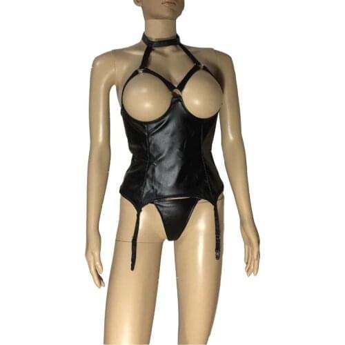 Hot Sexy Black Faux Leather Strappy Halter Neck Cupless Bustier Bodysuit Teddy with Garter Belt Mistress Costume Lingerie