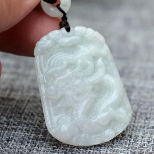 Certificate)Natural A+Rice White Jadeite Stone Pendant Carved Chinese Dragon Pendant Necklace Gift for Woman Men Jades Jewelry