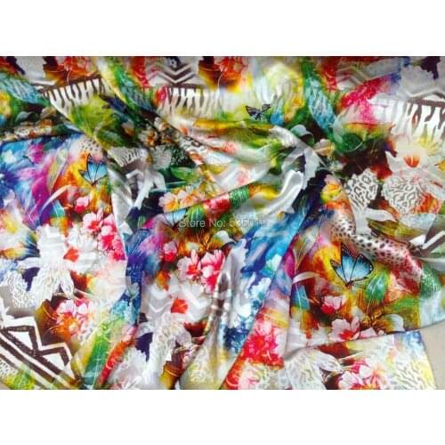 New Green flowers view inkjet positioning printing silk fabric spandex 97% silk romantic night wedding/party dress fabric