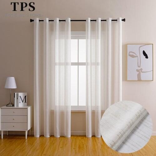 TPS Striped Linen Sheer Curtain for Living Room Bedroom Kitchen Solid Tulle Voile Curtains Window Treatment Finished Panels