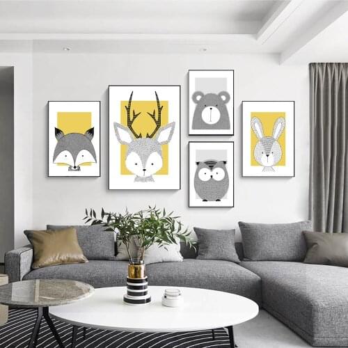 Nordic Modern Simple Living Room Decorative Painting Creative Cartoon Animal Mural Rabbit Fox Canvas Painting Oil Paintings Art