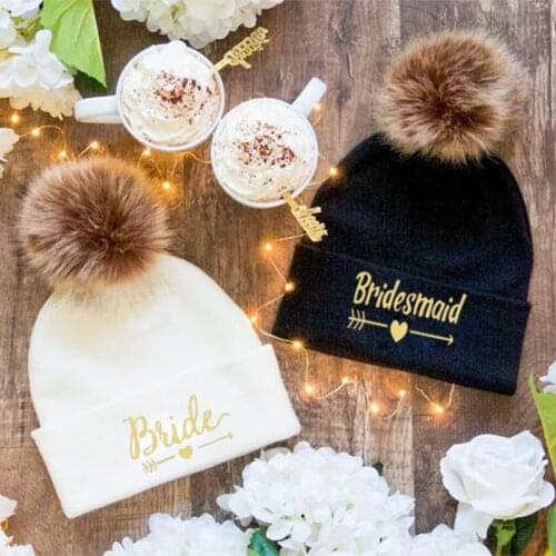 Bridesmaid Bride to be Pom Pom warm hat Cap Bachelorette hen Party winter Wedding engagement Bridal Shower decoration gift favor