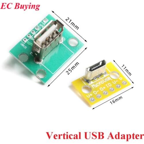 Vertical USB MiCroUSB Micro USB 2.0 Female Head A Connector 2.54mm PCB Converter Adapter Breakout Test Board 180 Degree Vertical