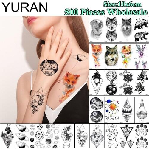 YURAN 500 Pieces Wholesale Waterproof 10x6CM Tattoo Temporary Fox Planet Body Art Tatoo Sticker Men Women Arm Neck Fake Tattoos