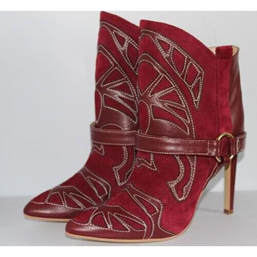 Women Chic Wine Red Black Blue Suede Patchwork Dress Boots Embroidered Buckle Strap Thick High Heel Ankle Boots Gladiator Boots
