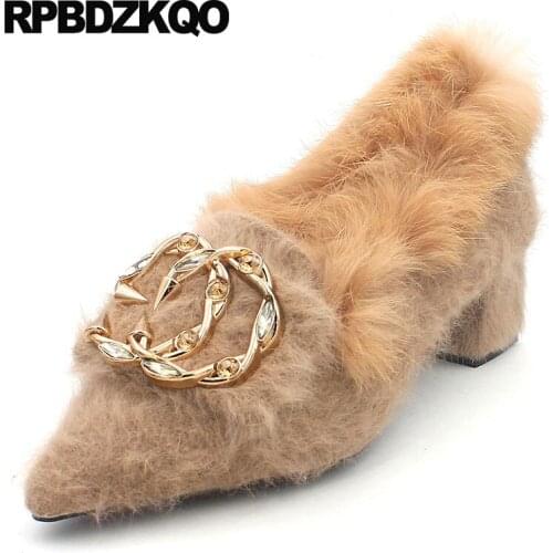 Low Heels Elegant Pointed Toe Fur Rhinestone Crystal Diamond Fashion Size 4 34 New Metal Thick Designer Brand Shoes Women Block