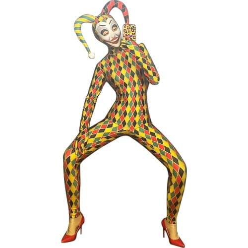 Personality Multicolor Plaid Clown Party Jumpsuit Women Sexy Stretch Skinny Headgear Romper Dancer Stage Role Cosplay Costumes