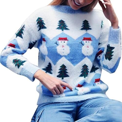 Ele-Choices 2021 Women Xmas Christmas Tree Snowman Long Sleeve Knitted Sweater Loose Pullover Holiday Top