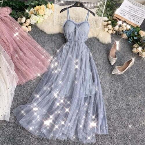 Femme ete 2020 summer beach dress sundress sweet sequined dress v-neck mesh dress midi dress elegant ladies dresses