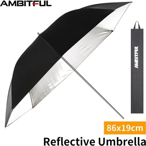 AMBITFUL 34" 86cm Black Silver Reflector Reflective Umbrella Stainless Steel Metal Bracket with Carry Bag for Photography Studio