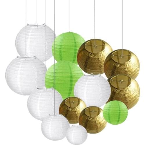 18 pcs 6" 10" 14" White Green Gold Paper Lantern Chinese Round Paper lampion for Wedding Party Hanging Outdoor Indoor Decor