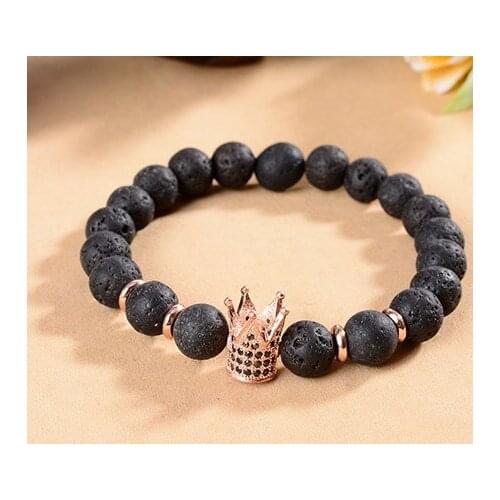 8mm kt4 gold silver elastic adjusted nature black stone volcanic lava micro pave cz zircon cubic zirconia crown Bracelet