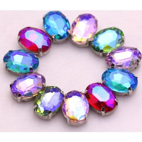 AB color oval shape gold or silver base Sew on Rhinestones Crystal Glass beads Flatback for Dress Bags Wedding decoration