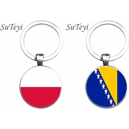 SUTEYI Charm Poland/Bosnia And Herzegovina Flag Men Car Key Ring Jewelry Glass Key Chain Women Handbag Keychain Accessories