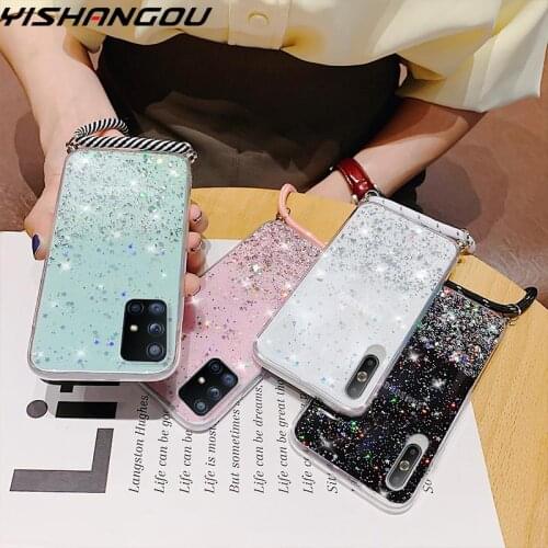 With Neck Strap Rope Cord Clear Glitter Case For Samsung A51 A21S A50 A71 A31 A70 S20 FE Ultra S10 Plus Note10 Lite A81 A91 A11
