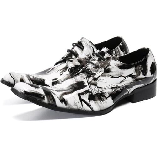 Christia Bella Chinese Style Ink-wash Print Oxford Shoes Men Fashion Lace Up Dress Shoes Wedding Party Brogue Leather Shoes Male