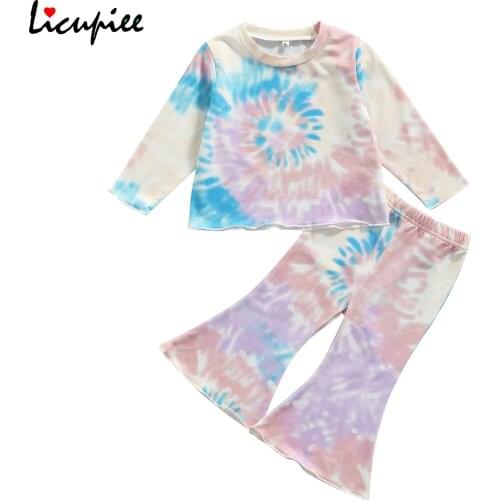 1-6 Years Baby Clothing Sets Children Tie-dye Clothes Set Girls Long Sleeve O-neck T-shirt + Elastic Waist Flared Trousers