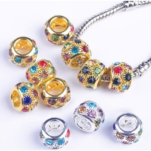 5pcs Gold Plated Round Metal & Rhinestones European Charms Loose Big Hole Beads for Bracelet Jewelry Making