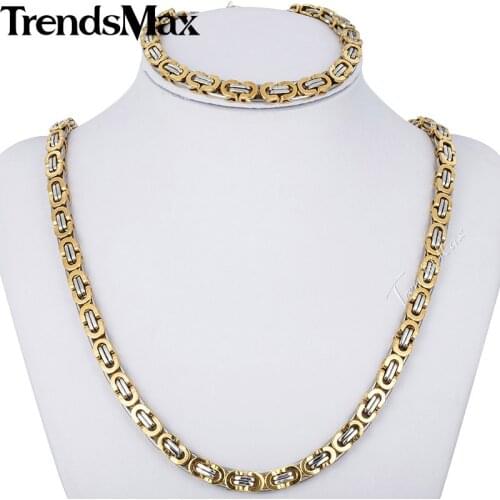 Trendsmax JEWELRY SET 6mm Mens Chain Flat Byzantine Gold Color Tone Stainless Steel Necklace Bracelet Set Wholesale Gift KS117