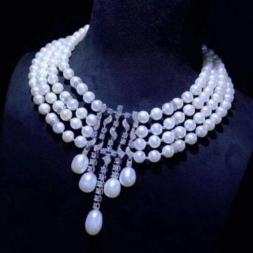 One set 4rows Freshwater Pearl near round 7-8mm zircon pendant Necklace earrings 40-44cm wholesale for women xmas gift