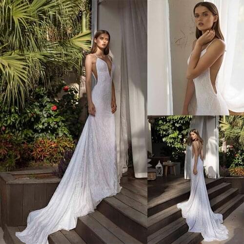 Sexy Sheath Wedding Dresses Beaded Applique Deep V-Neck Long Train Spaghetti Strap Vestido De Noiva Custom Made Bridal Dress