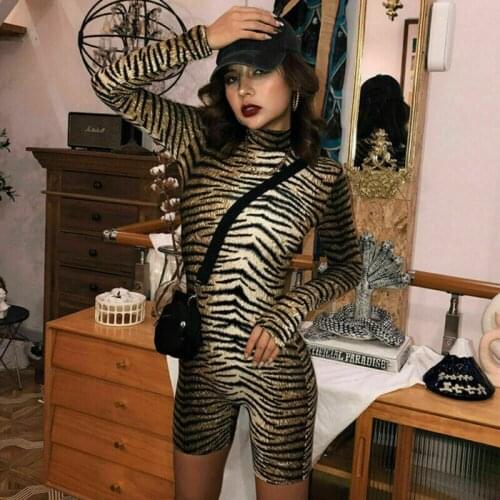 Sexy Womens Tiger Striped/Leopard Playsuit Rompers Fashion Skinny Playsuits Autumn Brand New Lady Long Sleeve Turtleneck Romper