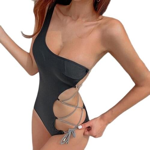 Sexy Women Summer One Shoulder Solid Color Bandage Hollow Out Monokini Swimwear купальники женские