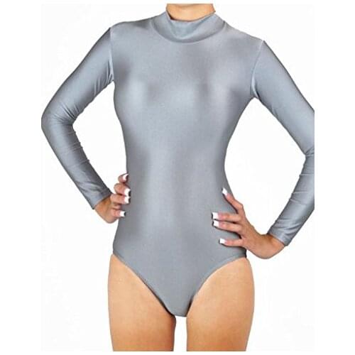 Women Gray Long Sleeve Gymnastics Leotards Ballet Dance Leotards Adult Lycra Spandex Swimsuit Zip Stretch Dancewear Ballet Suits