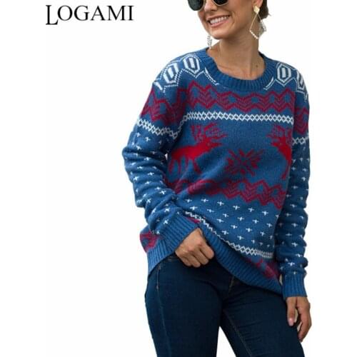 LOGAMI O Neck Christmas Sweater with Deer Autumn Winter Snow Knit Jumpers Womens Pullovers and Sweaters