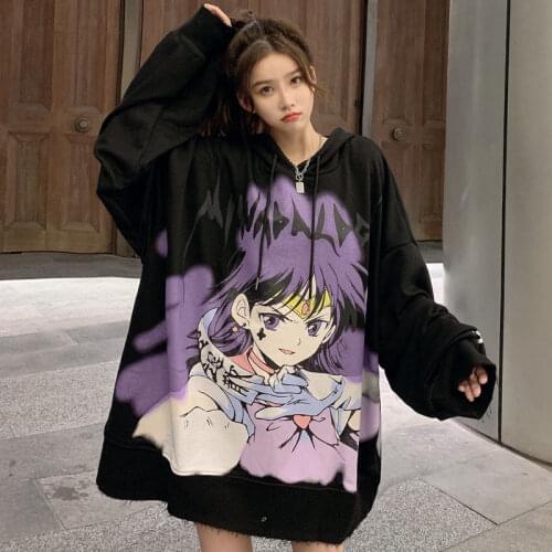 Harajuku Hip Hop Over Size Loose Version Bark Lazy Two Bimensional Animation Hooded Womens Spring And Autumn