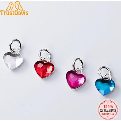 TrustDavis Real 925 Sterling Silver Fashion Sweet Romantic Heart Colour CZ Charm Pendant Handmade DIY Accessories Jewelry DZ262
