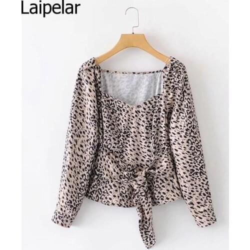 Womens Blouse Retro Square Neck Long Sleeve Lace Up Temperament Versatile Fashion Leopard Print Shirt Casual Top 2020 Autumn