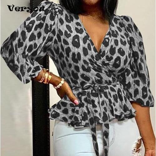 2021 Women Blouses Elegant Office Tunic Shirt Sexy Deep V-Neck Leopard Print Belted Fashion Tops Ruffles Blusas Blouses